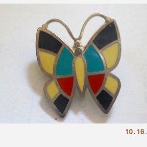 Native American Inlay Butterfly Signed Bell Sterling Silver  1" x 1" Vintage